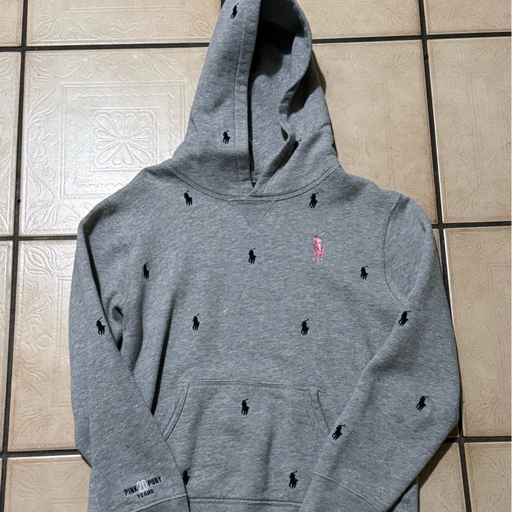 PINK Victoria's Secret Gray Hoodie with Navy and Pink Embroidery